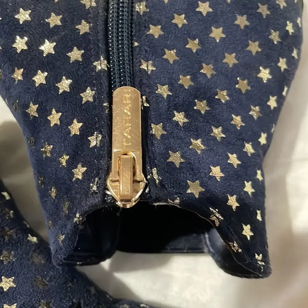 Tahari 12 navy blue gold stars ankle boots side zipper rubber soles guc fez